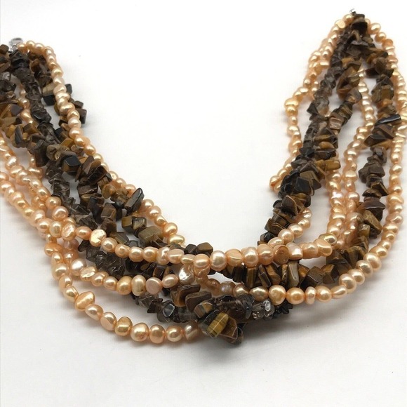 925 Sterling Silver Vintage Multi-Strand Gemstone Pearl Tiger's Eye Necklace - Picture 9 of 10